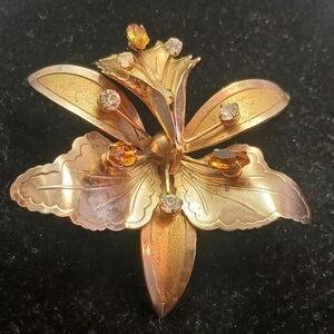Vintage Gold Tone & Butterscotch Crystal Orchid Brooch, 2.75 In